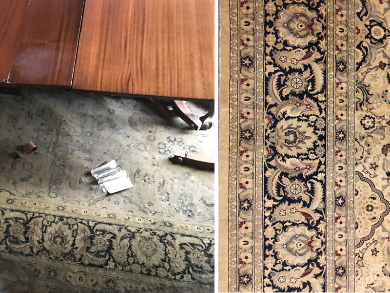 Before and after cleaning of water damaged rug